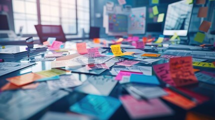 A dynamic low angle view of a creative office table filled with sticky notes