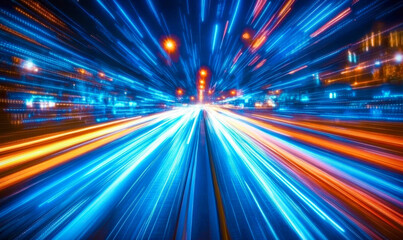 Blue light trails, the speed of data transfer in the digital world, a futuristic technology background.