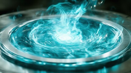 Swirling Blue Vortex with Ethereal Light Effects Creating a Mystical Atmospheric Scene of Energy and Movement in a Reflective Surface