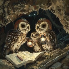 Three owls in helmets exploring a cave with a map and lantern.