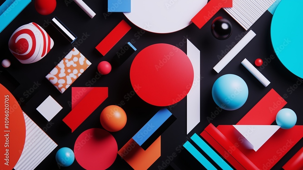 Poster abstract geometric shapes in bold primary colors arranged symmetrically