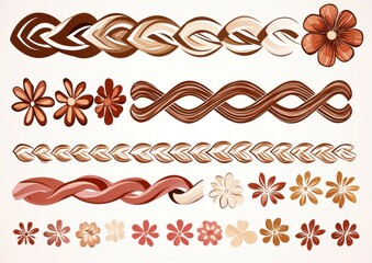 Fototapeta premium Decorative Elements Featuring Woven Patterns and Floral Illustrations in Warm Earthy Tones for Creative Projects and Graphic Design Applications