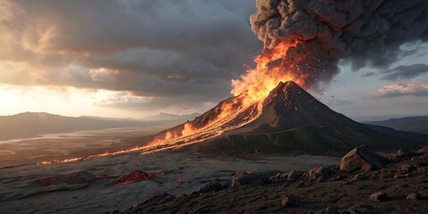 Fototapeta premium Flames dancing on a volcanic ash cloud, volcanic eruption, firelight, burning clouds