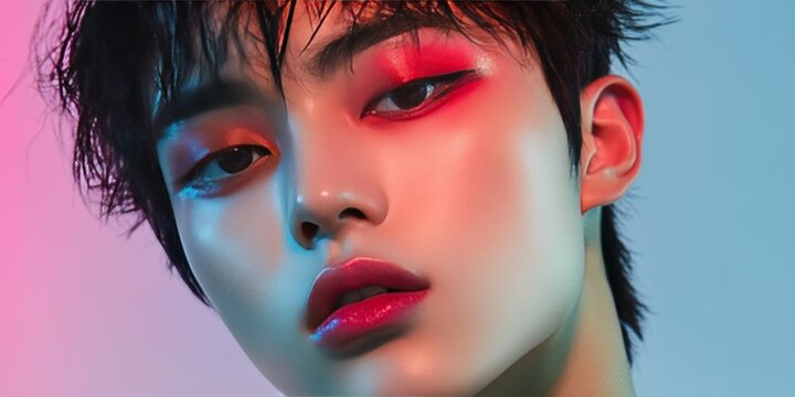 Fashion portrait featuring an Asian boy showcasing genderless makeup techniques. This image highlights the artistry of Korean makeup and the versatility of men s cosmetics in contemporary fashion.