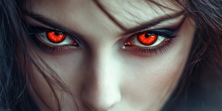 Close up of a female vampire with striking red eyes, showcasing the captivating and eerie allure of her red eye characteristics in this intense portrait. Perfect for themes of the supernatural.