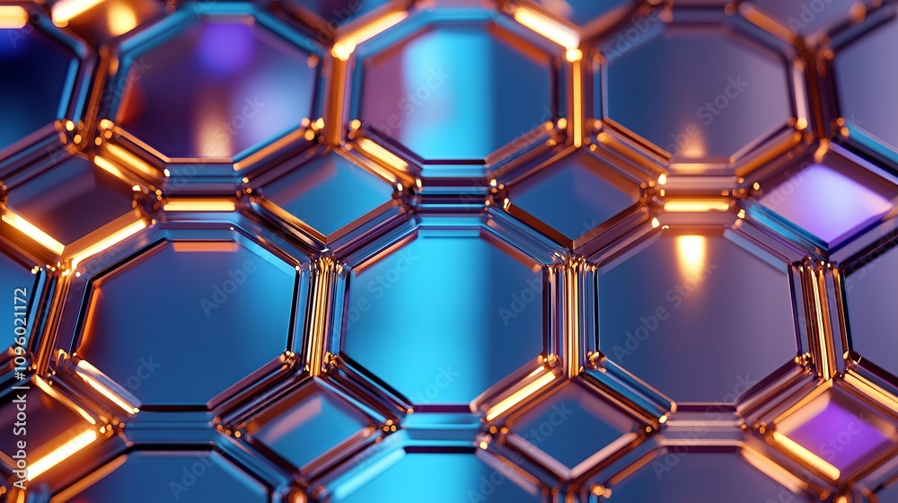 Poster Abstract metallic hexagonal tiles with glowing LED edges in cyan and orange