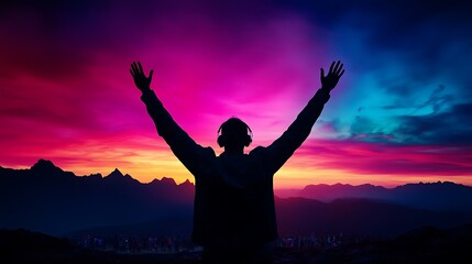 Fototapeta premium Exuberant Individual Embraces Vibrant Sunset with Headphones, Silhouette Against Colorful Sky Over Mountains, Emanating Joy and Freedom