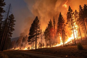 Forest fire with intense heat and light, heat, smoke, firestorm