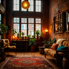 Fototapeta premium An eclectic bohemian loft with rich textures, vibrant colors, and luxurious vintage pieces.