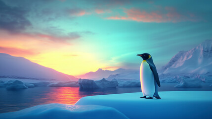 Obraz premium An emperor penguin standing on an iceberg, polar landscape, vivid colors.