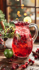 Pitcher of cranberry juice with fresh cranberries and lime slices in chic dining area