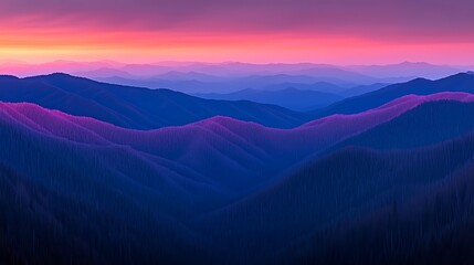 Fototapeta premium Serene Dusk Over Majestic Mountains with Layers of Mist and Vibrant Colors Reflecting Orange, Purple, and Blue Hues in a Stunning Sky at Twilight