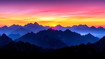 Fototapeta premium Breathtaking Sunrise Over Majestic Mountain Range with Vibrant Colors Showing Gradients of Purple, Pink and Orange in the Sky, Creating a Stunning Natural Landscape