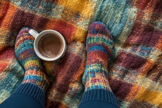 Woman's legs in cozy socks with a mug of hot chocolate for a warm winter vibe