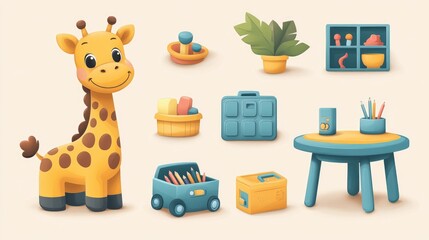 Fototapeta premium Cute Giraffe Toy with Colorful Children's Playroom Items and Furniture on Light Background