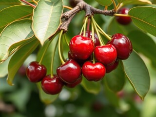Freshly opened cherries on the cherry tree branch with leaves, new, plump, fresh