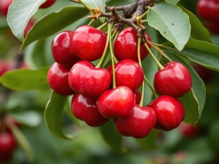 Freshly opened cherries on the cherry tree branch with leaves, green stem, ripe fruit