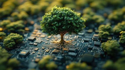 A tree growing on a circuit board, symbolizing the fusion of nature and technology.