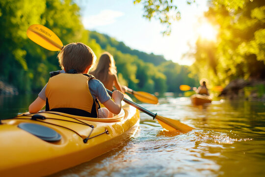 happy children kayaking down a scenic river