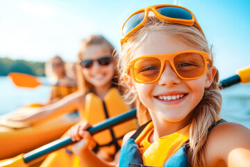 happy children kayaking down a scenic river