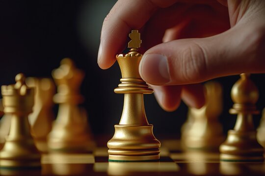 Businessman Moving a Golden Queen Chess Piece on a Board - A Big Strategy Business Concept