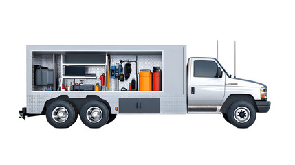 Utility Work Truck with Open Compartments Showing Tools and Equipment for Various Tasks. isolated white