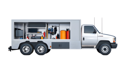 Utility Work Truck with Open Compartments Showing Tools and Equipment for Various Tasks. isolated white