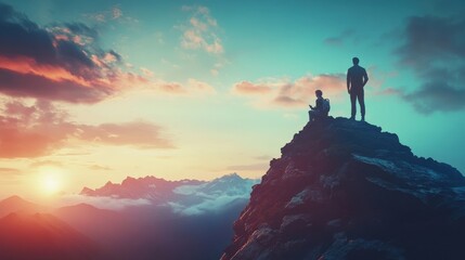 Hikers Silhouette At Sunset Mountain Peak View