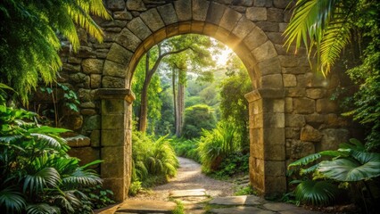Serene Stone Archway Embracing a Lush Sunlit Jungle Pathway - Minimalist Photography, Nature, Tranquility, Greenery, Jungle Exploration, Architectural Beauty, Natural Light