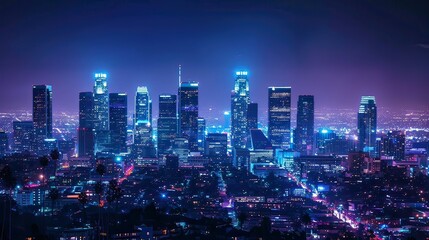Fototapeta premium A city skyline with bright lights from skyscrapers during the nighttime.