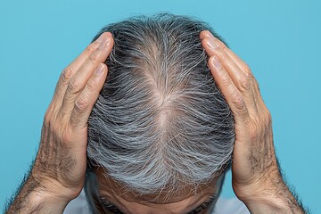 Fototapeta premium A person is shown touching their thinning hair, highlighting hair loss or baldness against a solid blue background.