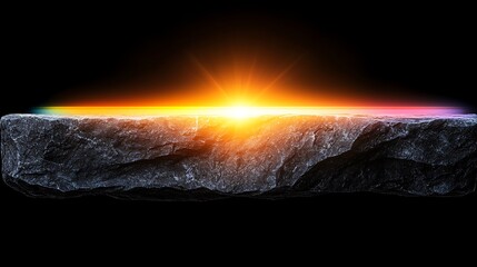 Naklejka premium Horizon of Light with Bright Sunset Over Rock Surface Creating a Stunning Contrast of Color and Texture against a Dark Background