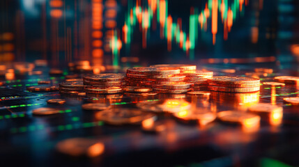 Bitcoin token in front of a blurred chart background