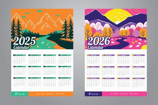 one page wall calendar design for 2025 and 2026 with pop art abstract mountain background