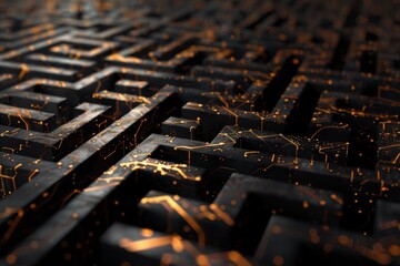 An intricate maze with radiant lines on a black background, emphasizing the complexity of its design, A maze made of blockchain elements.