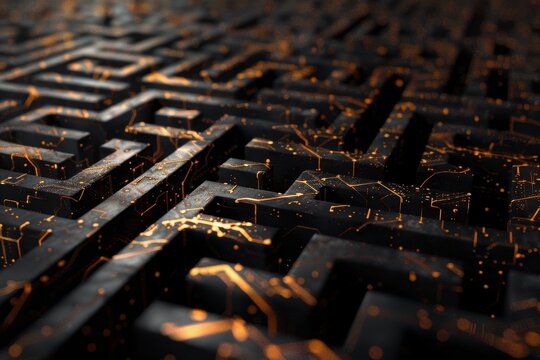 An intricate maze with radiant lines on a black background, emphasizing the complexity of its design, A maze made of blockchain elements.