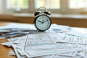 close-up of a clock and a stack of tax forms symbolizing an approaching deadline