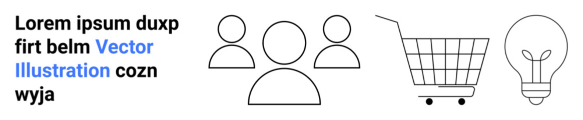 Simple line art graphics of three people figures, shopping cart, and light bulb. Ideal for business presentations, e-commerce, teamwork concepts, idea brainstorming, education, marketing