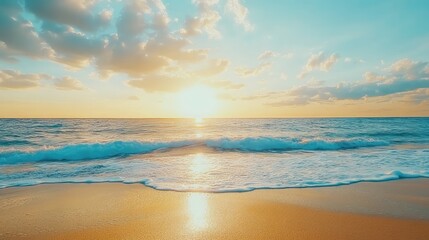 Beautiful Seascape with Blue Waves and a Golden Sunset on the Beach