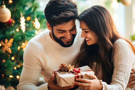 young indian couple holding gift box on christmas