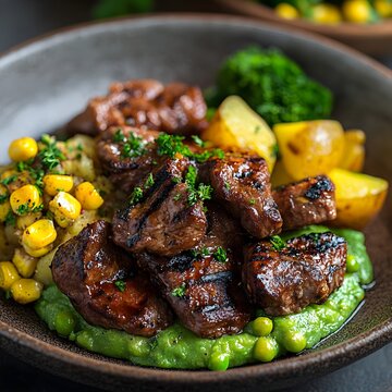 Tanzanian nyama na irio, featuring tender pieces of grilled meat served with a creamy mash of peas, potatoes, and corn. Garnished with fresh parsley and placed on a rustic ceramic plate, accompanied b