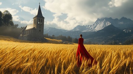 Woman in Red Dress Admiring Notre-Dame-de-Santé Chapel in a Scenic Landscape