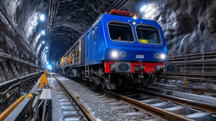 Obraz premium Blue Train Emerging from Tunnel: A powerful blue train emerges from a dark tunnel, illuminating the tracks ahead with its bright headlights.