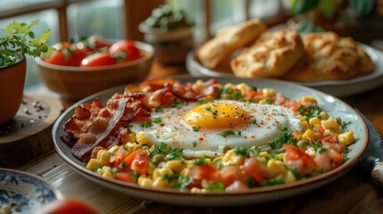 A huge breakfast with scrambled eggs bacon 
