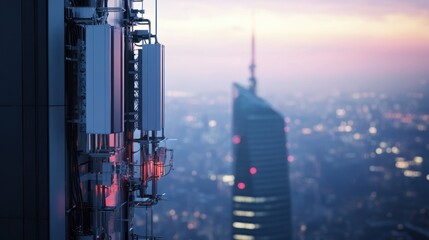 5G network transmitters on the roof of a skyscraper