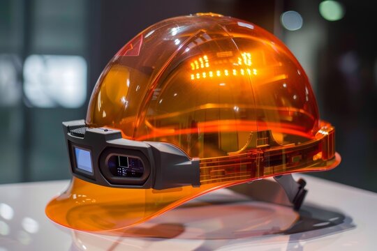 A modern construction helmet with heads up display (HUD) technology . A bright orange hard hat equipped with a digital display, showcasing modern safety technology for construction workers.
