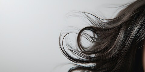 A close-up of flowing, dark hair against a light background, showcasing its texture and movement.