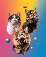 Whimsical and vibrant pop art illustrations of quirky cats in playful scenarios, featuring editable text spaces for versatile use in posters, banners, and promotional designs.