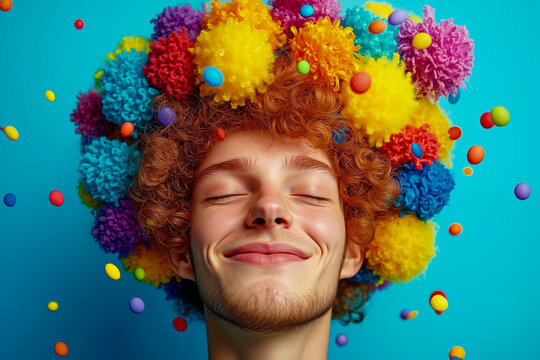 A man with red hair and colorful pom poms on his head