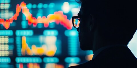 A man in silhouette is observing a rising financial chart showcased on an LCD screen, with particular focus on the man s eyeglasses and the financial elements depicted in the chart.